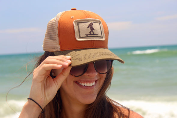 Surfing Sasquatch Structured Trucker Hat, Burnt Orange and Olive
