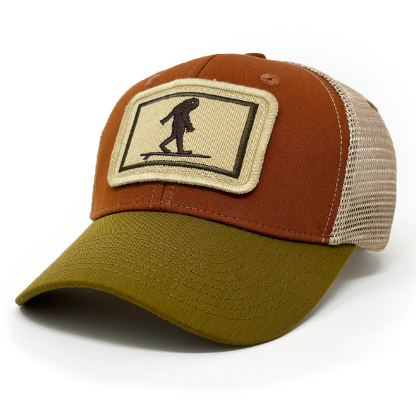 Surfing Sasquatch Structured Trucker Hat, Burnt Orange and Olive