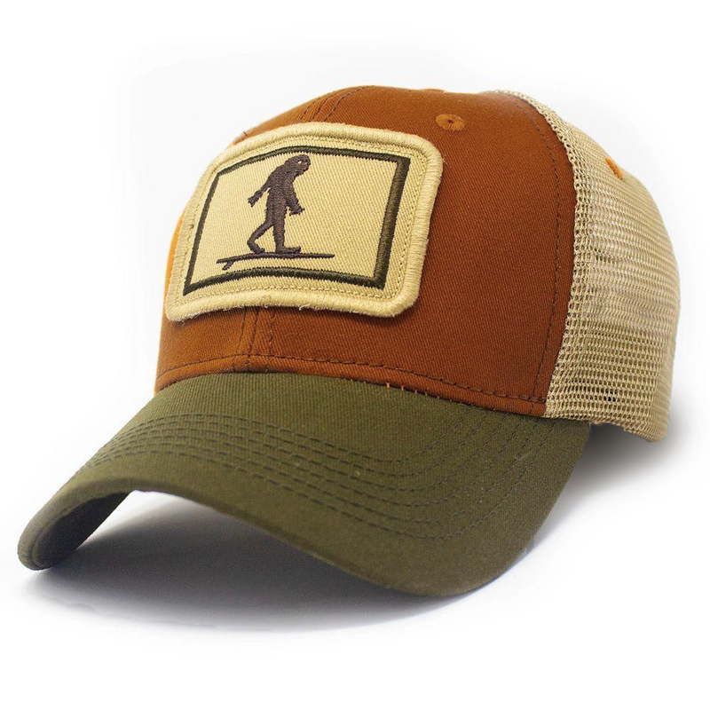 Surfing Sasquatch Structured Trucker Hat, Burnt Orange and Olive