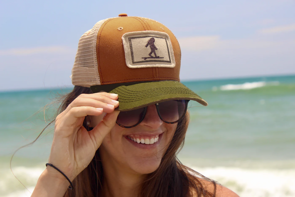 Surfing Sasquatch Structured Trucker Hat, Burnt Orange and Olive