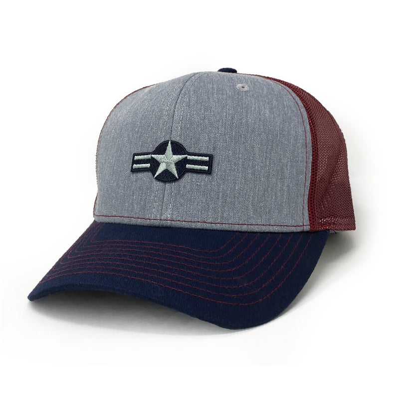 US Air Force Low Visable Insignia Trucker, Structured, Heather Grey/Cardinal/Navy