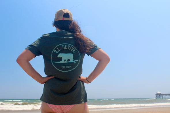 Surfing Bear Back Graphic T-Shirt, Heather Forest