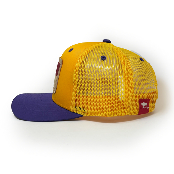 North Carolina Flag Patch Trucker Hat, Structured, Collegiate Purple and Gold