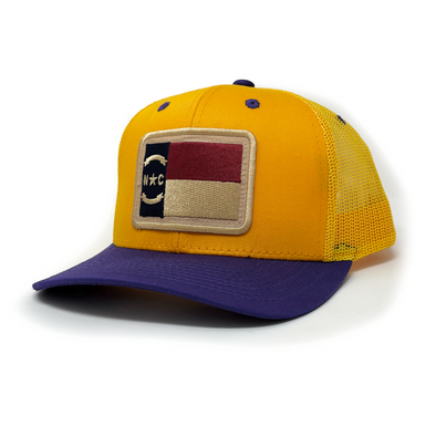 North Carolina Flag Patch Trucker Hat, Structured, Collegiate Purple and Gold