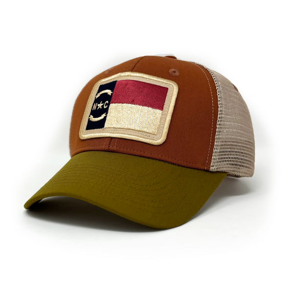 NEW North Carolina Flag Patch Trucker Hat, Structured, Desert Palm Orange