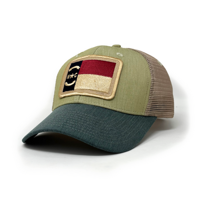 NEW North Carolina Flag Patch Trucker Hat, Structured, Dismal Swamp Green