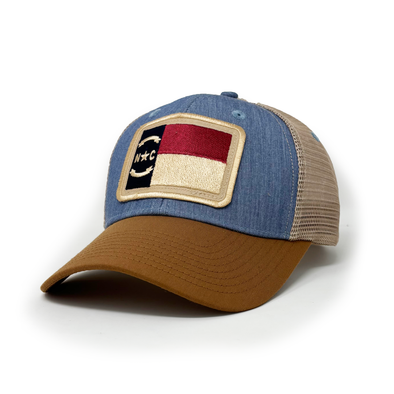 NEW North Carolina Flag Patch Trucker Hat, Structured, Outerbanks Blue