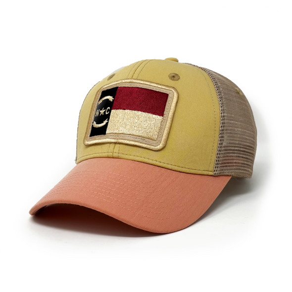 NEW North Carolina Flag Patch Trucker Hat, Structured, Sandhills Gold