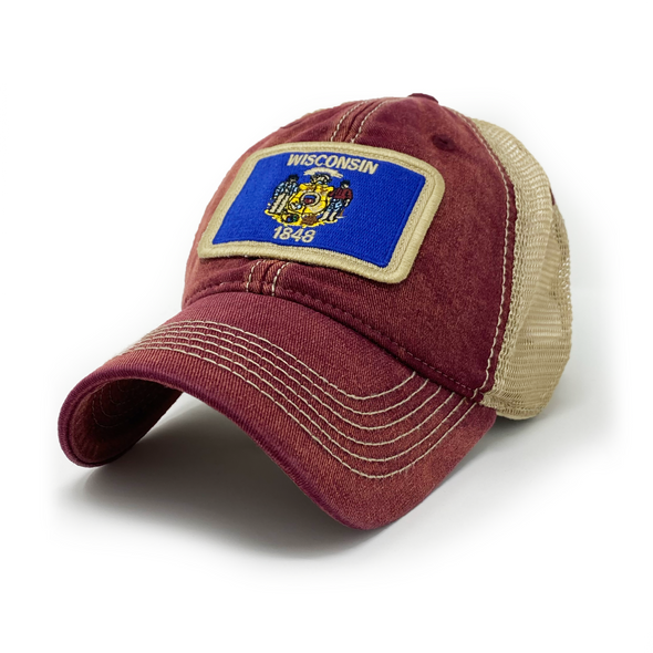 Wisconsin Flag Patch Trucker Hat, Brick Red