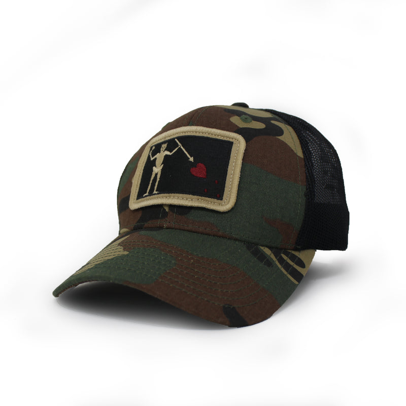 Blackbeard Pirate Flag Trucker Hat, Structured, Camo/Black