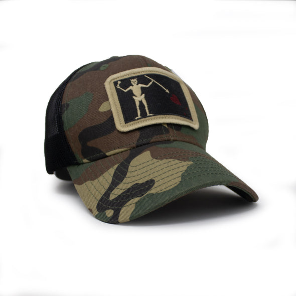 Blackbeard Pirate Flag Trucker Hat, Structured, Camo/Black