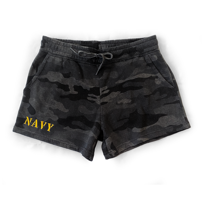 Women's Navy Sweat Shorts, Black Camouflage
