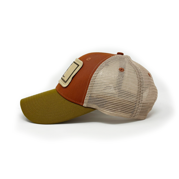 Surfing Sasquatch Structured Trucker Hat, Burnt Orange and Olive