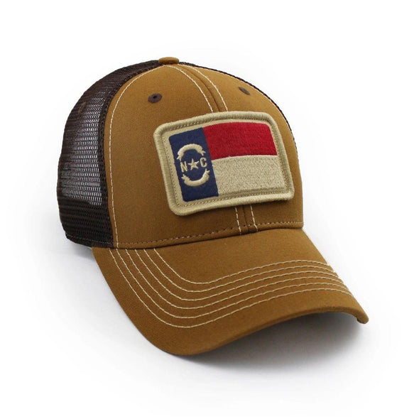 North Carolina Flag Patch Trucker Hat, Structured, Tobacco Brown