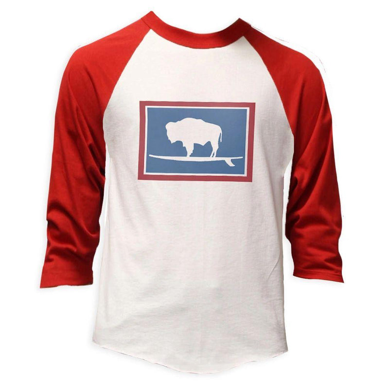 Surfing Buffalo Baseball Tee, Vintage Red and Heather White