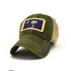 Military Green cotton trucker hat with khaki colored mesh backing and bill with tan stitching. Ballcap is embroidered with the South Carolina flag. Patch depicts a natural tone palm tree and moon on a rectangular bed of dark blue.