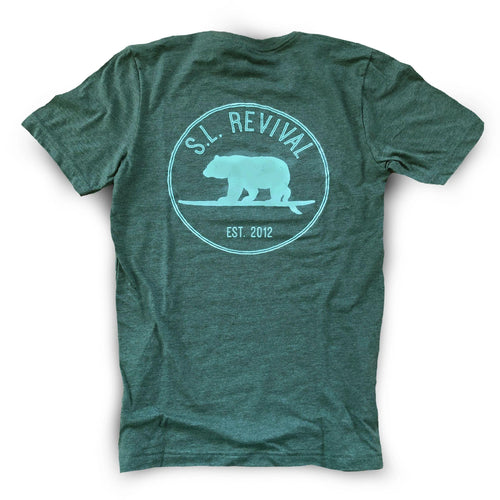 Surfing Bear Back Graphic T-Shirt, Heather Forest
