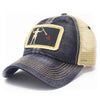 Black trucker hat with embroidered Blackbeard pirate flag patch on the center and khaki mesh back panels. Patch depicts a natural colored skeleton with horns piercing a red bleeding heart with a spear. 