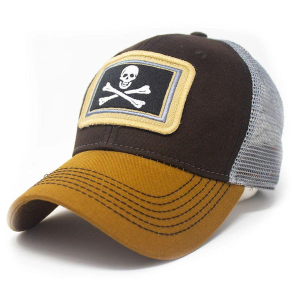 Calico Jack's Jolly Roger Pirate Flag Structured Trucker Hat, Timber Brown