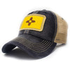 Black trucker hat with khaki colored mesh backing and bill with tan stitching. Ballcap is embroidered with the New Mexico flag. Patch depicts a red sun symbol on a rectangular field of golden yellow.