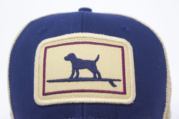 Surfing Dog Structured Trucker Hat, Navy Blue and Maroon