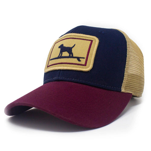 Surfing Dog Structured Trucker Hat, Navy Blue and Maroon