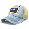 pale blue cotton trucker hat with khaki colored mesh backing and bill with navy stitching. Ballcap is embroidered with the South Carolina flag. Patch depicts a natural tone palm tree and moon on a rectangular bed of dark blue.