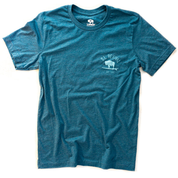 Surfing T-Rex T-Shirt, Back Graphic, Heather Teal