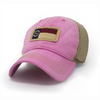 Kid Trucker hat with khaki colored mesh backing, bubblegum pink cotton front panel and bill with tan stitching. Children&#39;s ballcap has an embroidered patch of the North Carolina flag in in the center.