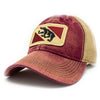 Brick red trucker hat with khaki mesh backing and tan stitching on the bill. Embroidered with New Bern, north carolina or Bern switzerland city flag. Patch depicts a black bear sticking out its tongue with red triangles in the corners.