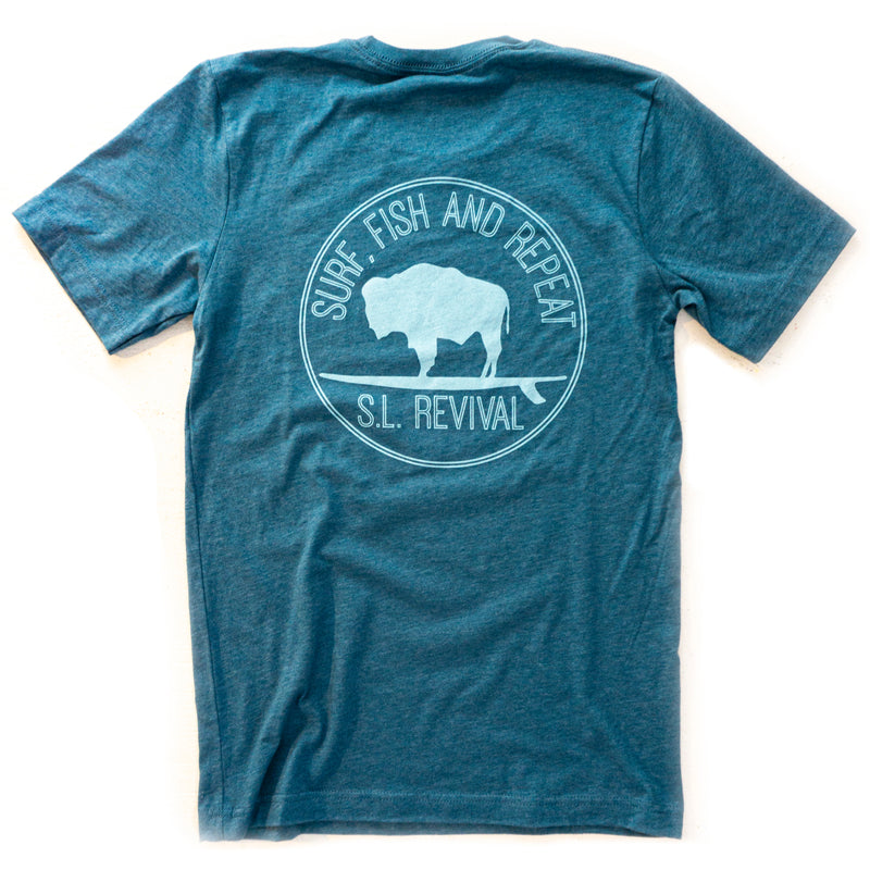 Surfing Buffalo T-Shirt, Back Graphic, Heather Teal